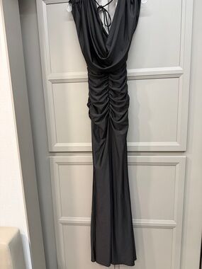 Black Ruched Cowl Neck Evening Gown
